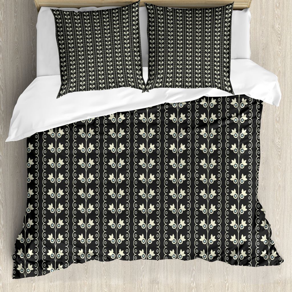 ABAKUHAUS Blumen Bettbezug, Frühlings-Blumen-Blatt, Milbensicher Allergiker geeignet mit Kissenbezügen, 200 cm x 200 cm - 80 x 80 cm, Schwarz Pal...