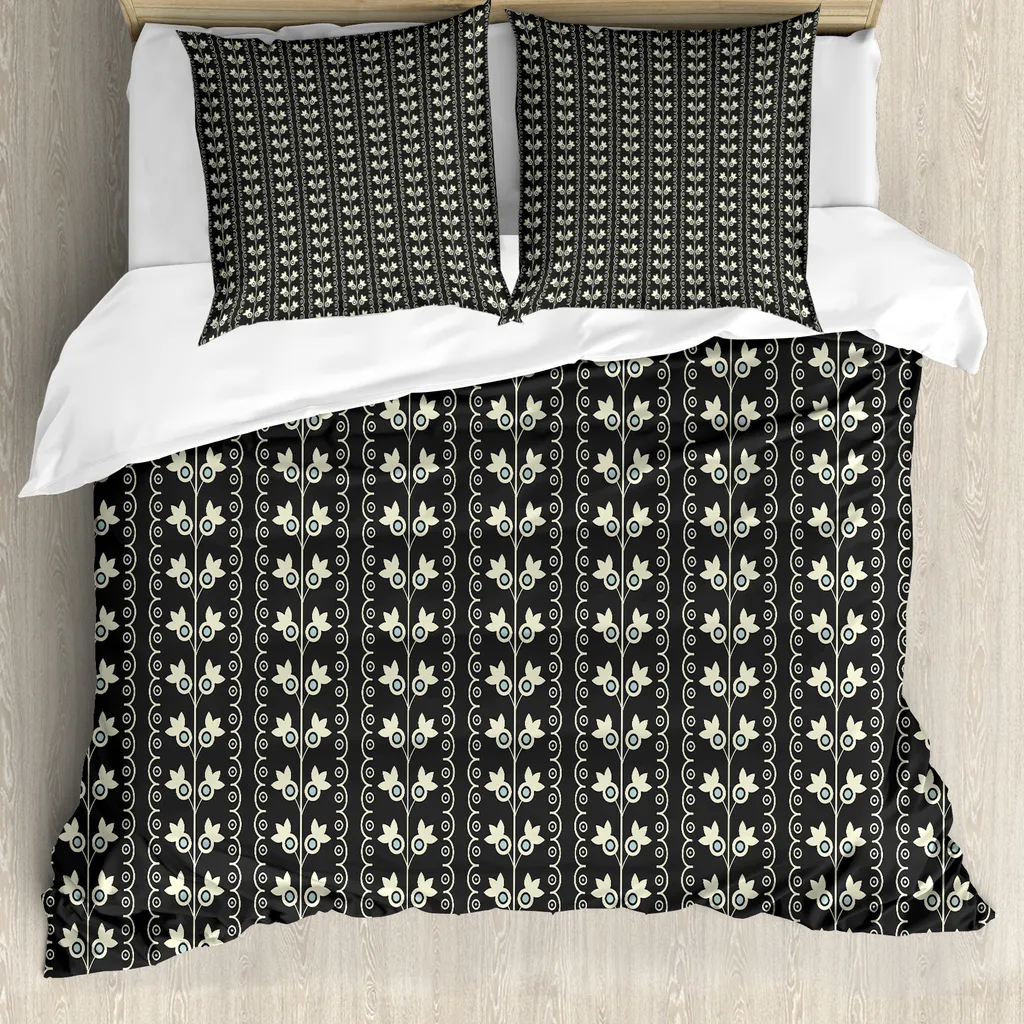 ABAKUHAUS Copripiumino con motivi floreali, foglie primaverili, antiacaro, adatto a chi soffre di allergie, con federe, 155 cm x 220 cm - 80 x 80 cm, nero, azzurro pallido, crema