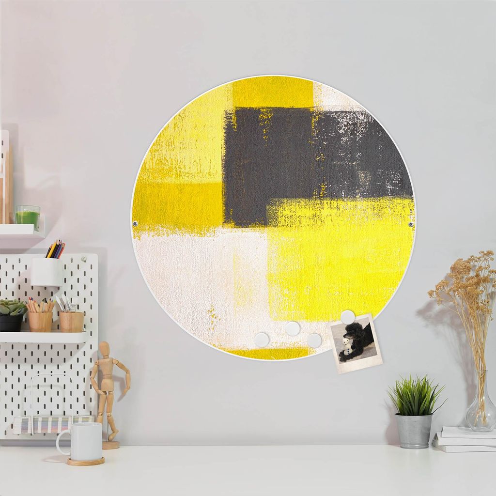 Design Stahlmagnettafel Weiß Rund 47cm Abstrakt Gelb