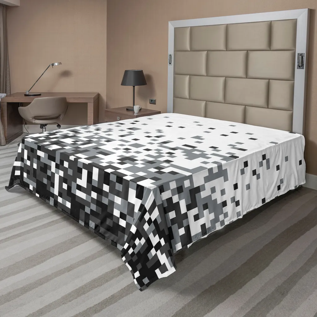 ABAKUHAUS Lenzuolo geometrico, grafica pixel con piccoli quadrati in scala di grigi, motivo moderno ispirato al mondo dei computer, lenzuolo morbido e confortevole per un letto decorativo, 1 pezzo, 244 cm x 205 cm, grigio scuro, bianco