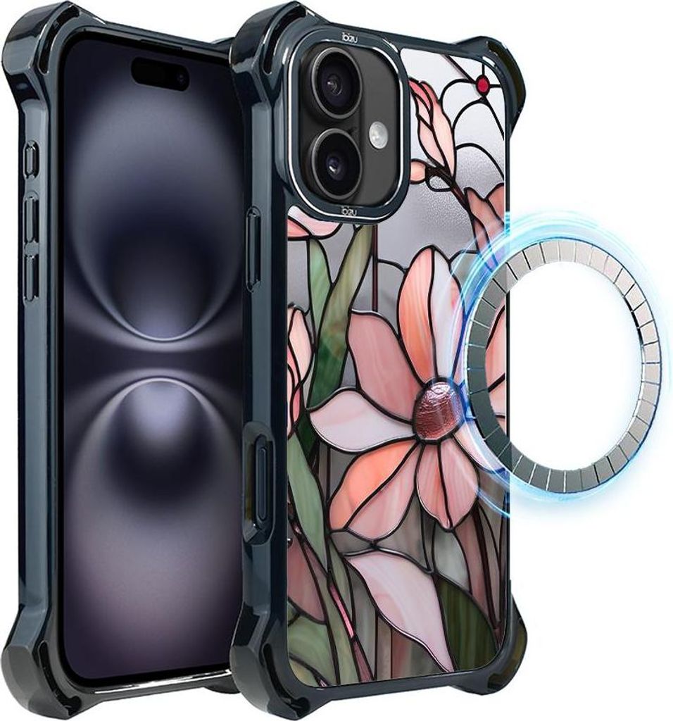 Schutzhülle für das iPhone 16, MagSafe-kompatibel, verstärkte Ecken, schwarz, Glasmalerei, rosa Blume, Magnolie
