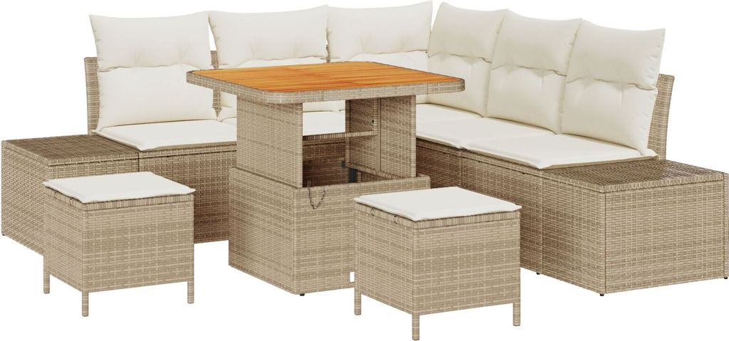 Best Möbel 8-teiliges Garten Sofa Set mit Kissen Beige Poly Rattan Akazie, 2-Sitzer Garten Sofa mit Kissen Beige Poly Rattan, 3-teiliges Garten Es...