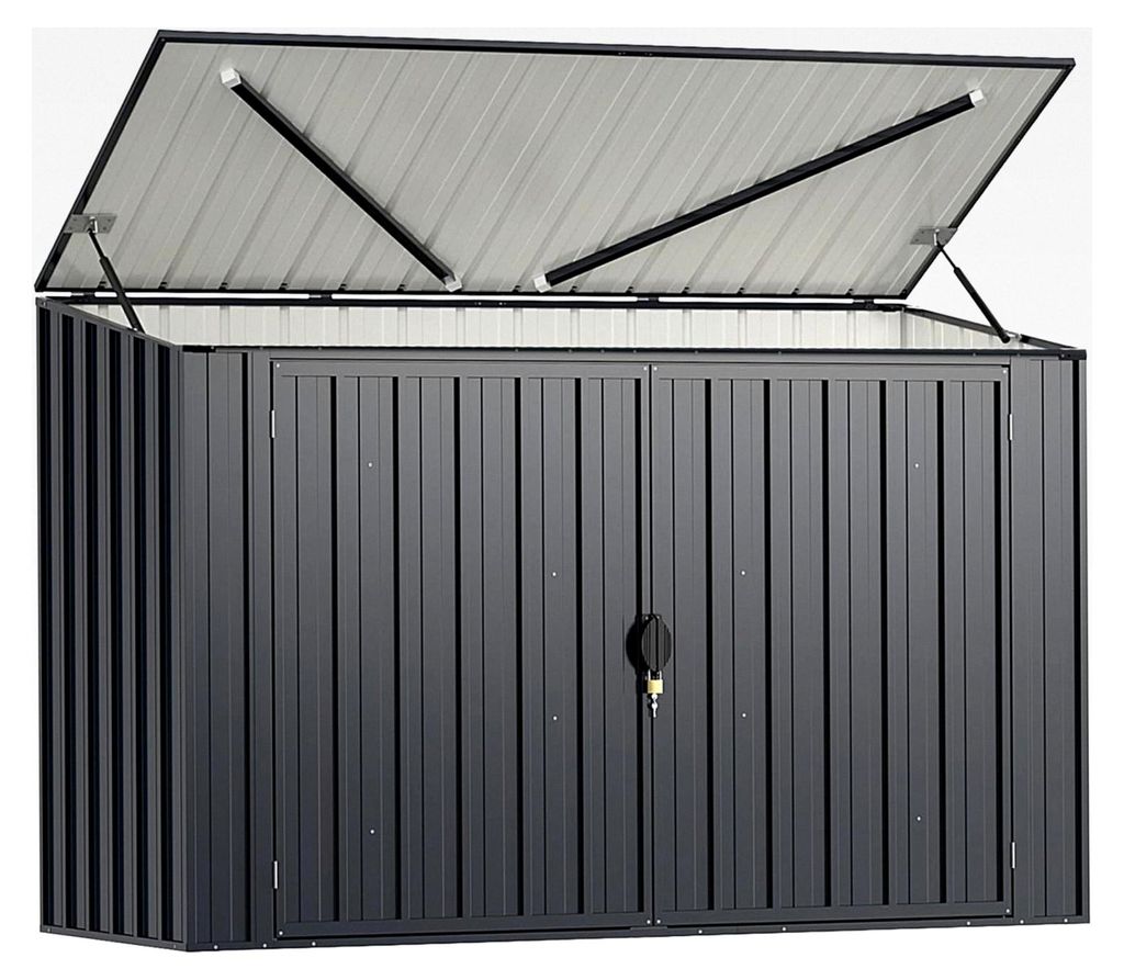 Mülltonnenbox für 2 x 120 L Mülltonnen, wetterfester Gartenschuppen mit abschließbarer Tür, Geräteschuppen aus Metall, für Fahrrad und Werkz...