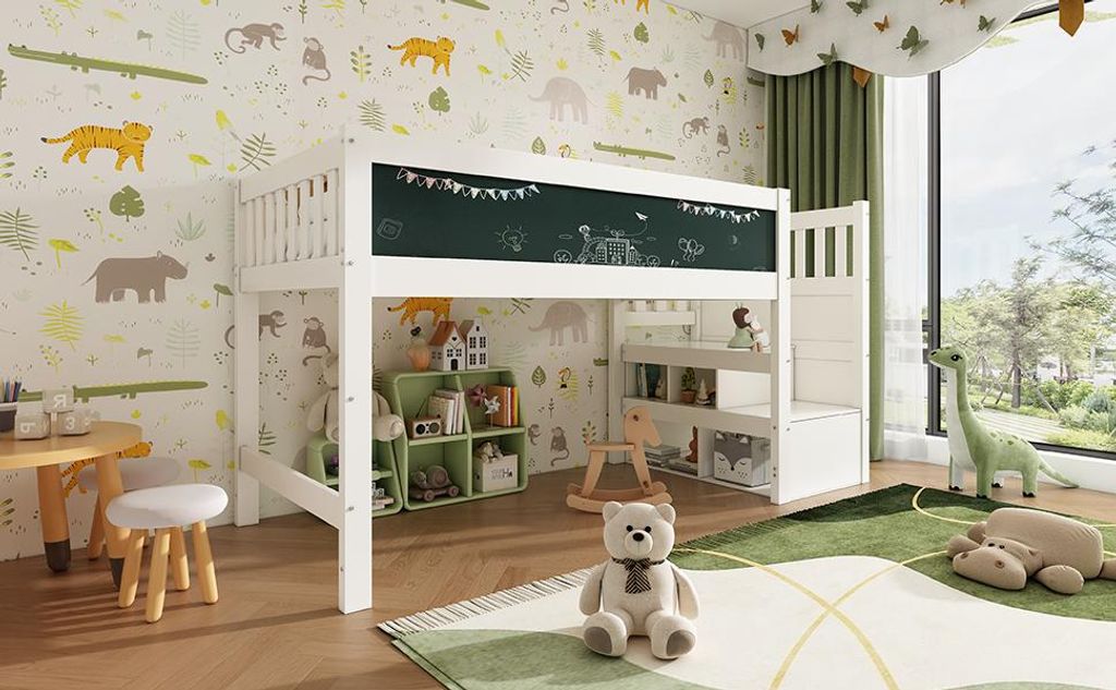 okwish Kinder-Hochbett 90 x 200 cm mit weißen und schwarzen Brettern, Aufbewahrung und Absturzsicherung, Lattenrost (weiß)