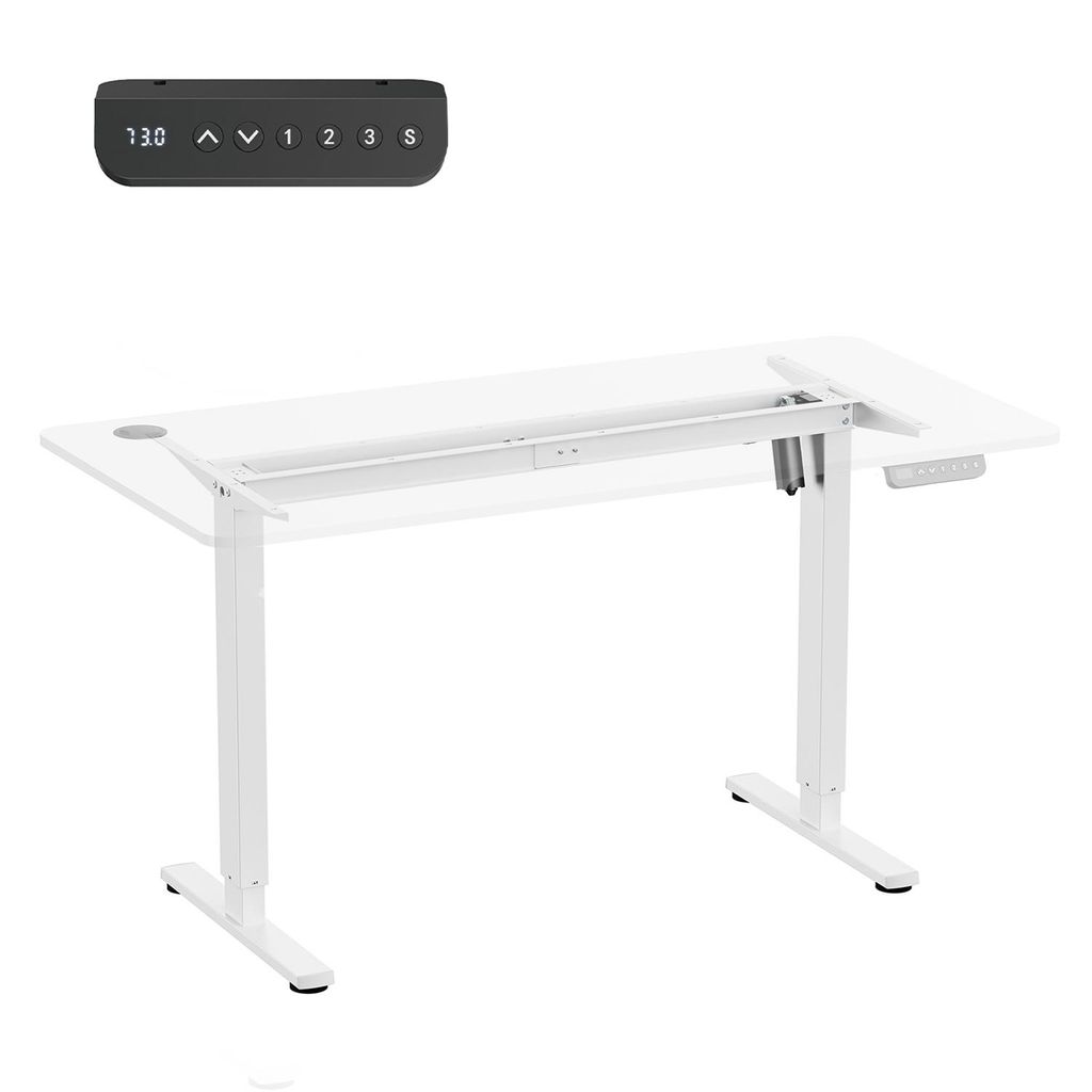 A white electric standing desk frame with a control panel.