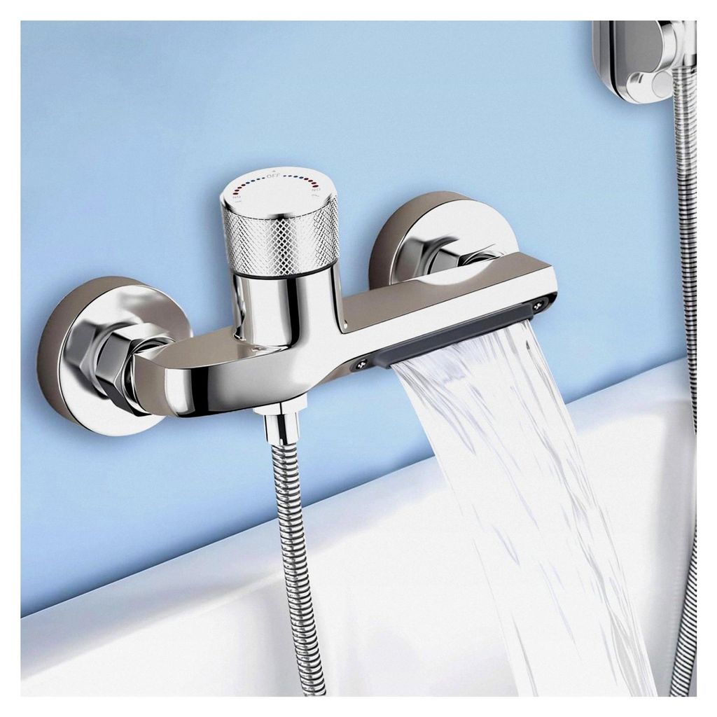 Wasserfall Badewannenarmatur mit Duschthermostat und 2 Auslässen, Mischbatterie für Dusche und Badewanne