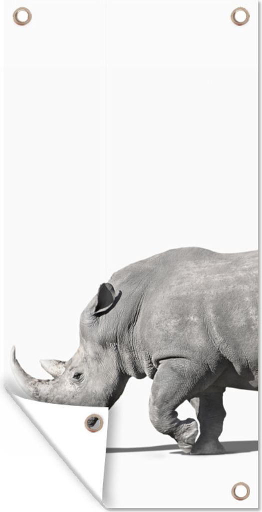 MuchoWow 80x160 cm Outdoor-Poster Gartendeko Sichtschutz Garten Poster für den Garten Rhinozeros - Tiere - Weiß
