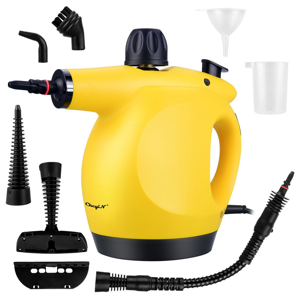 A yellow steam cleaner with various attachments, displayed on a white background.