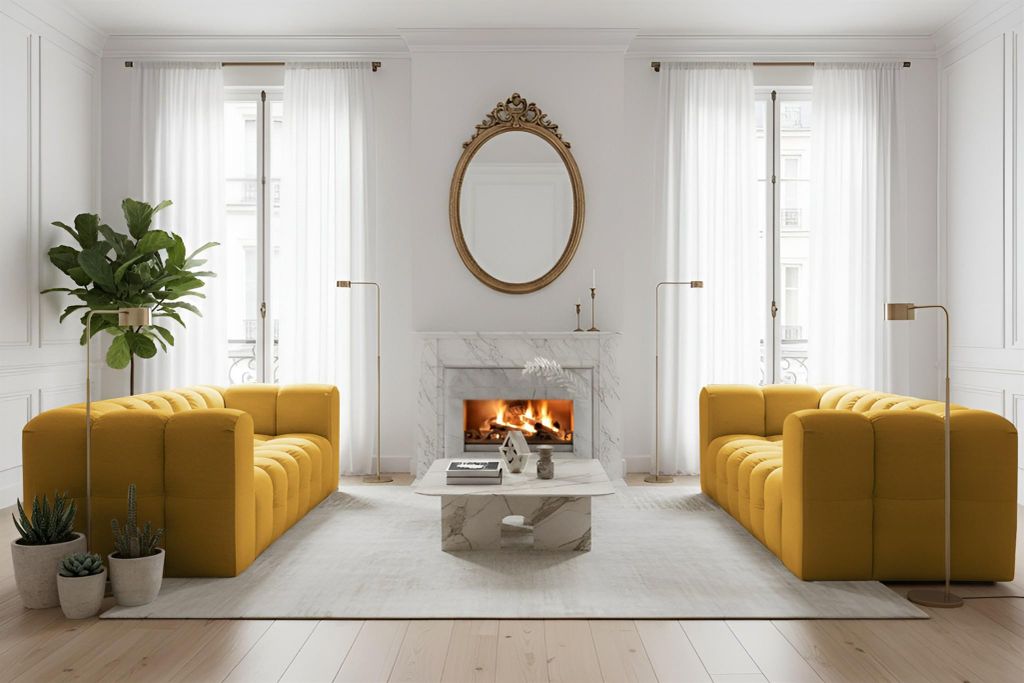 Sofaset Designersofa SOLVIE 3-3 in Stoff Tiffani Honiggelb