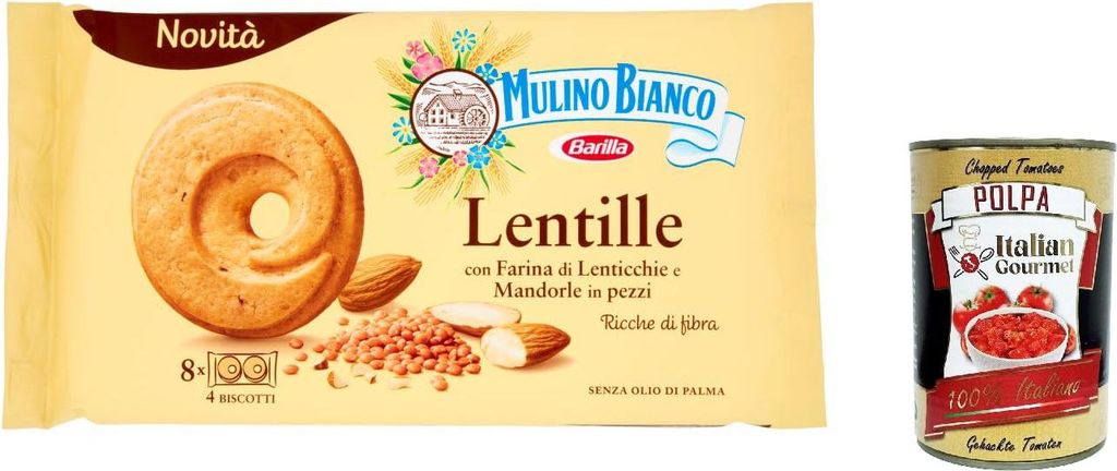 12x Mulino Bianco Lentille Linsenkekse mit Linsenmehl und Mandelstückchen cookies biscuits 220g + Italian gourmet polpa 400g