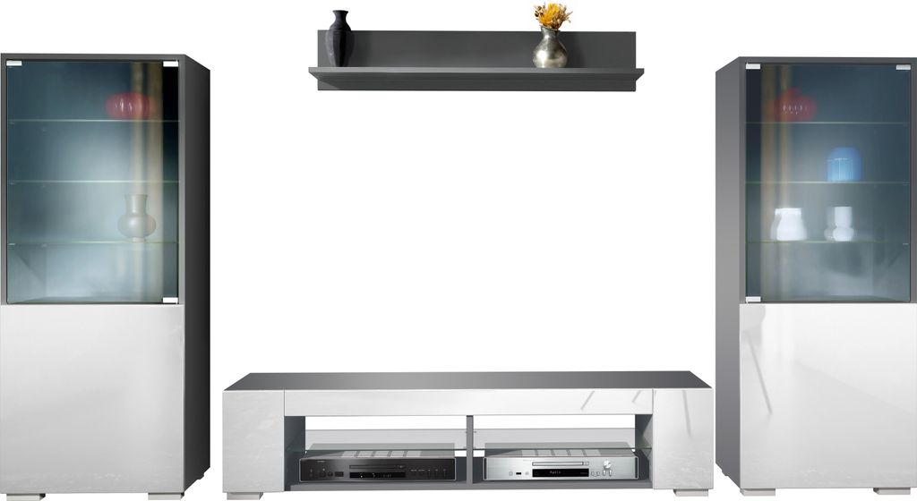 Vladon Wohnwand Nevada V2, Anbauwand bestehend aus 2 Vitrinen, 1 TV-Board und 1 Wandregal Anthrazit matt/Weiß Hochglanz (304,5 x 141 x 39 cm)
