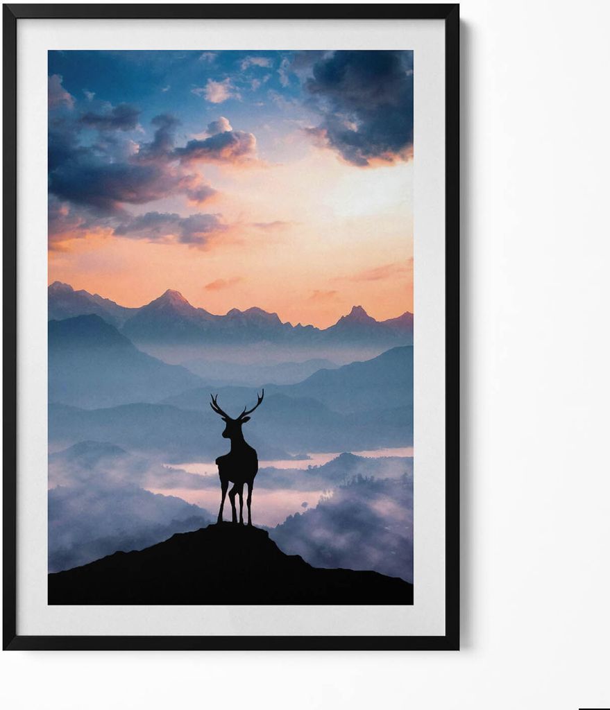 Hirsche auf einem Berggipfel– Wandbild mit Rahmen – Gerahmtes Bild – Wanddekoration – 70x100 cm – Schwarz Rahmen