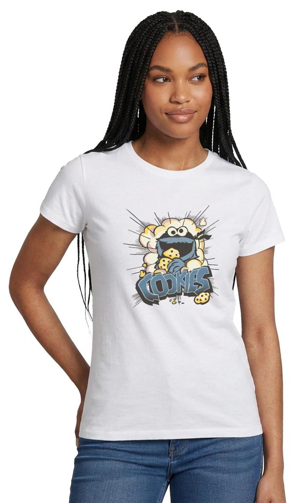 Spreadshirt Sesamstraße Design Mit Krümelmonster Und Cookies Frauen T-Shirt, M, Weiß