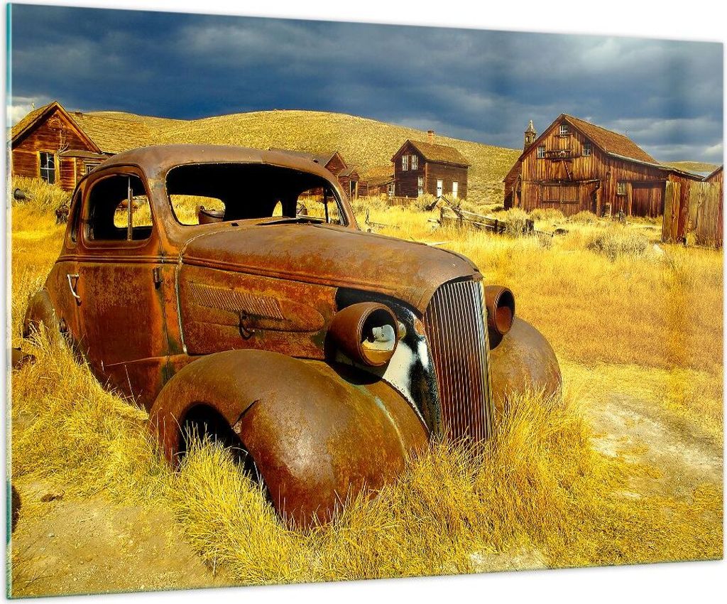 Bilder auf glas - Bauernhof altes Auto aufgegeben - 100x70cm - Glasbilder - Wandbilder - Kunstdruck - zum Aufhängen bereit - Wanddekoration aus Gl...