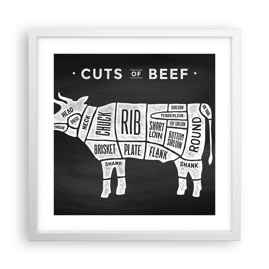 Gerahmtes Poster - Weißer Rahmen - Kuh Rindfleisch Kochen Grafik - 40x40 cm - Wand Bild - Wanddeko - Wandbilder - Wandposter - Bilderrahmen - Bild...