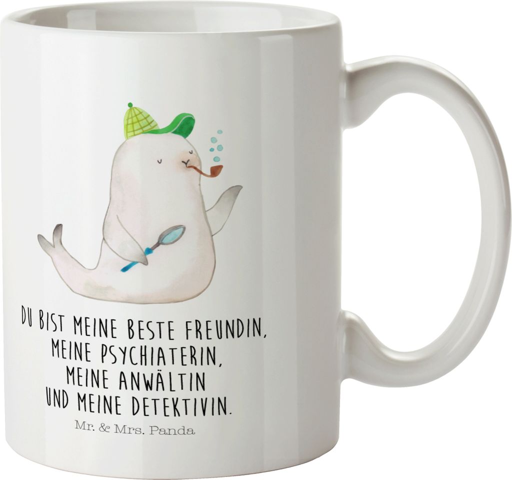 Mr. & Mrs. Panda Henkelbecher Robbe Sherlock - Weiß - Geschenk, Mehrwegbecher, Trinklernbecher, Plastikbecher, Schulkind Tasse, Pott, Lustige Spr...