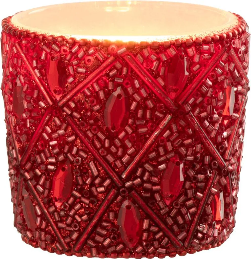 Photophore rouge J-Line verre et perles pour illuminer vos fêtes