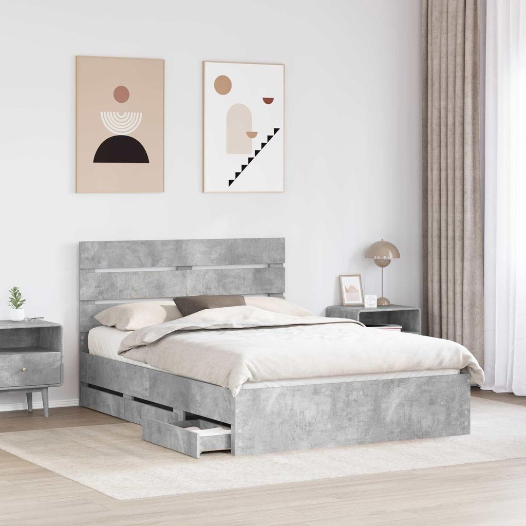 (Design 2026) Bettrahmen mit Kopfteil Beton Grau 160 x 200cm Ingenieurs Holz - HOMMIE 587882 - Klassische BettenJugendbett Tagesbett