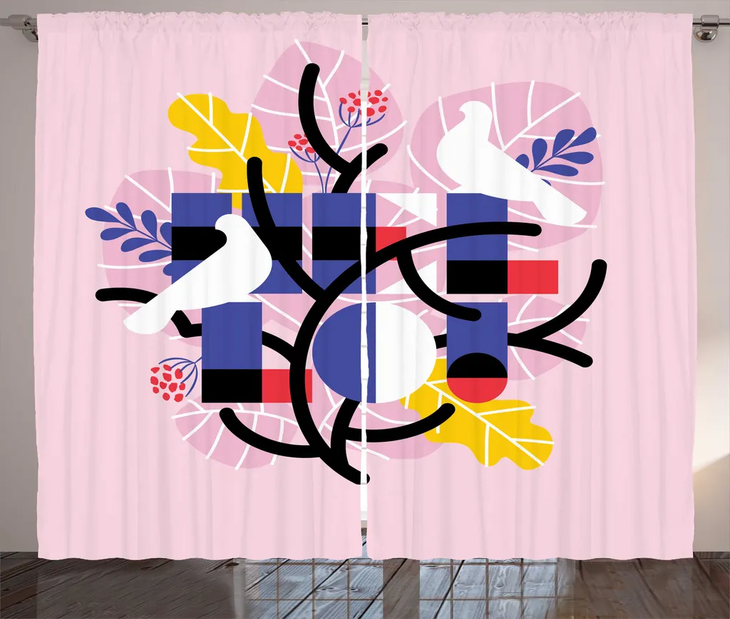 ABAKUHAUS Bonjour Rideau rustique à motifs oiseaux 280 x 225 cm rose bébé