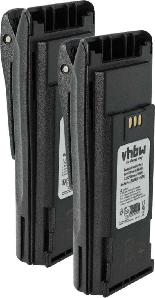 vhbw 2x Akku Ersatz für Motorola PMNN4259AR für Funkgerät, Walkie Talkie (2500 mAh, 7,2 V, NiMH) + Gürtelclip