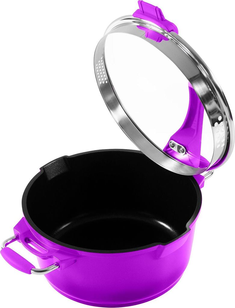 A purple pot with a lid open, shown from a slightly elevated angle against a white background.