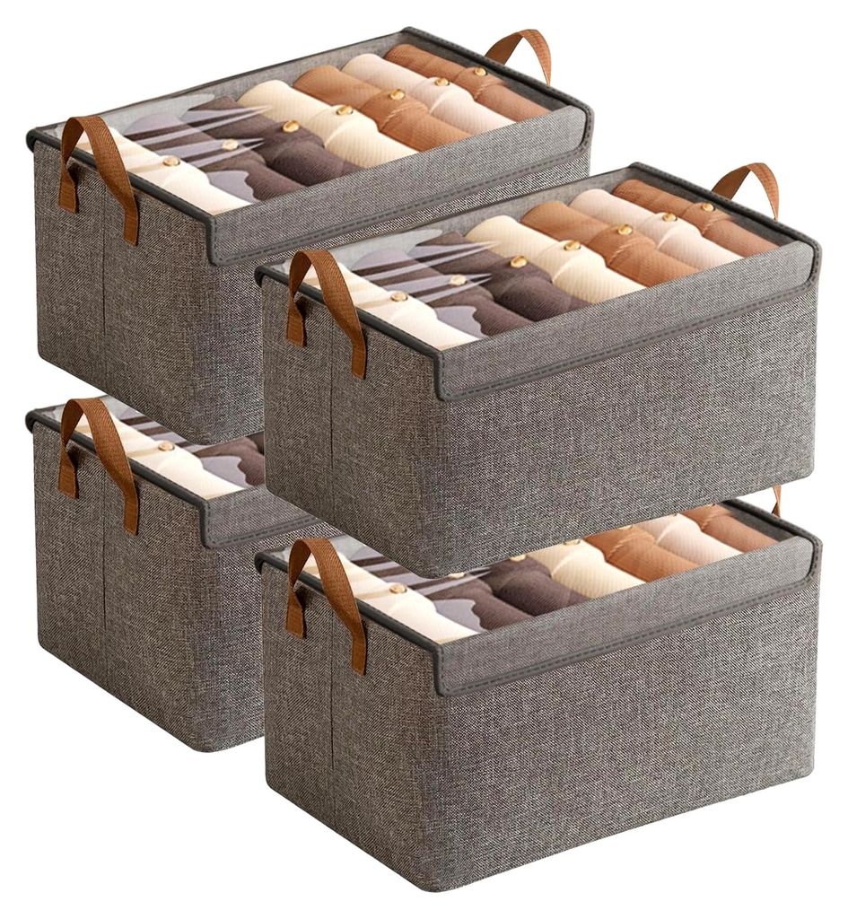 Stoff Aufbewahrungsbox mit Deckel und Griff, 4 Stück Faltbare Aufbewahrung für Schrank, Stapelbare Box für Kleidung und Spielzeug, 40x27x21cm (4...