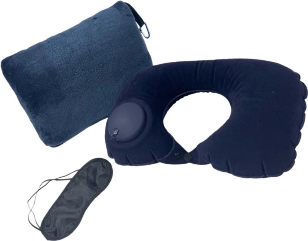 INF Faltbares Reise-Decken-Set mit aufblasbarem Kissen & Schlafmaske - Komfort für unterwegs Navy blau