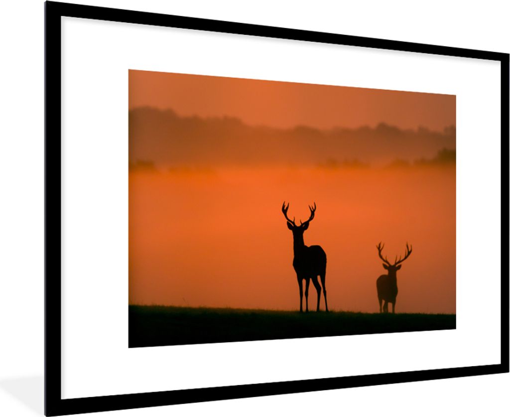 MuchoWow Gerahmtes Poster Hirsch - Scherenschnitt - Nebel 90x60 cm - Poster mit Schwarzem Bilderrahmen Wandposter Rahmen Foto Bilder - Wanddekora...