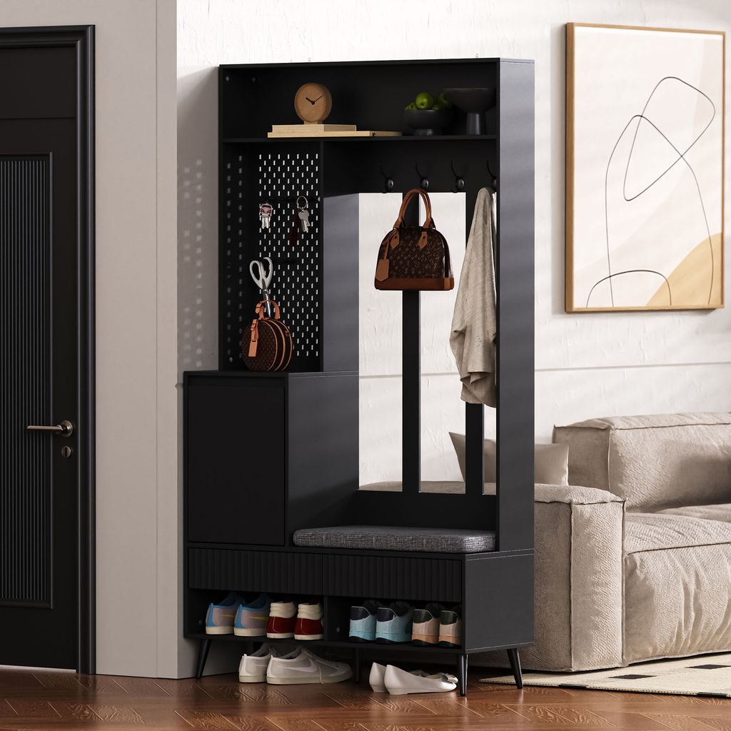 Flieks Garderobensets Eckgarderobenschrank mit Sitzbank und Schuhregal, 100x35x180 cm, multifunktionaler Schrank mit 4 Haken, schwarz