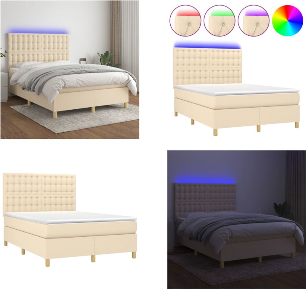 vidaXL Boxspringbett mit Matratze & LED Creme 140x200 cm Stoff - Boxspringbett - Boxspringbetten - Bett - Schlafzimmermöbel