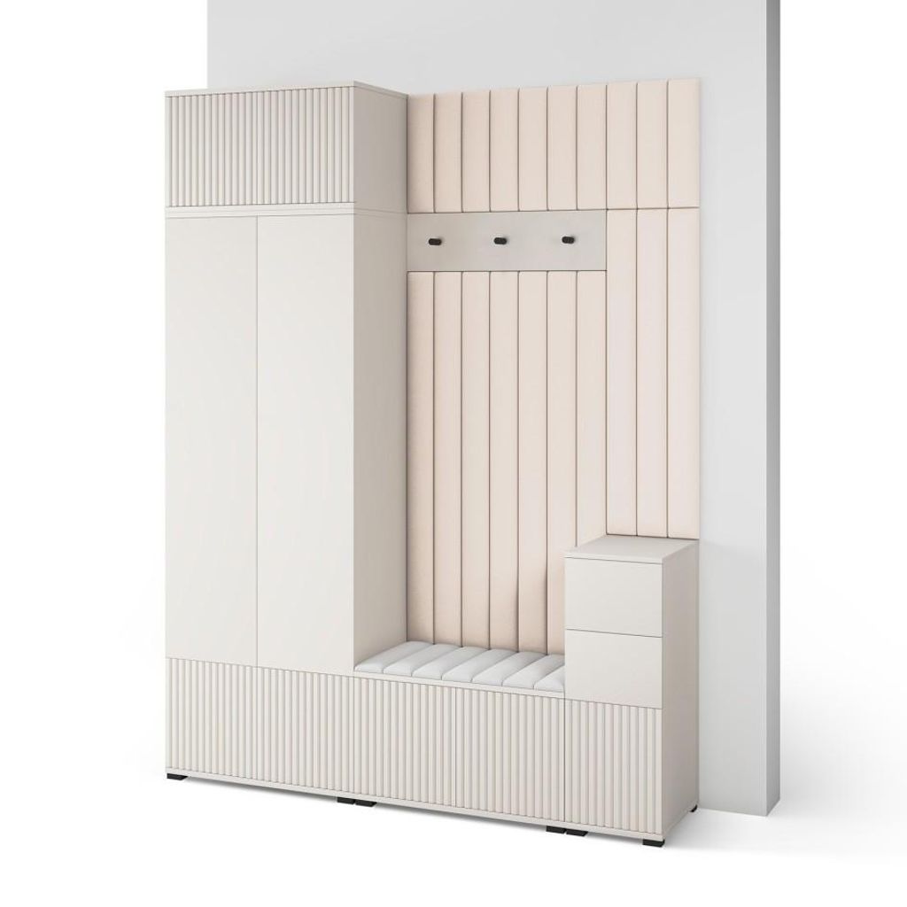 Garderoben-Set Ritmo version 8 – gefräste Kleiderschrank mit Polsterplatten, Schuhschrank, für Flur und Eingangsbereich (Cashmere, Trinity 01)