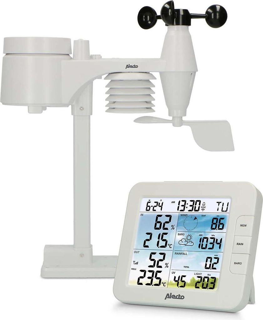 Alecto WS5400 - Professionelle 8 in 1 WLAN-Wetterstation mit App und kabellosem Außensensor, weiß