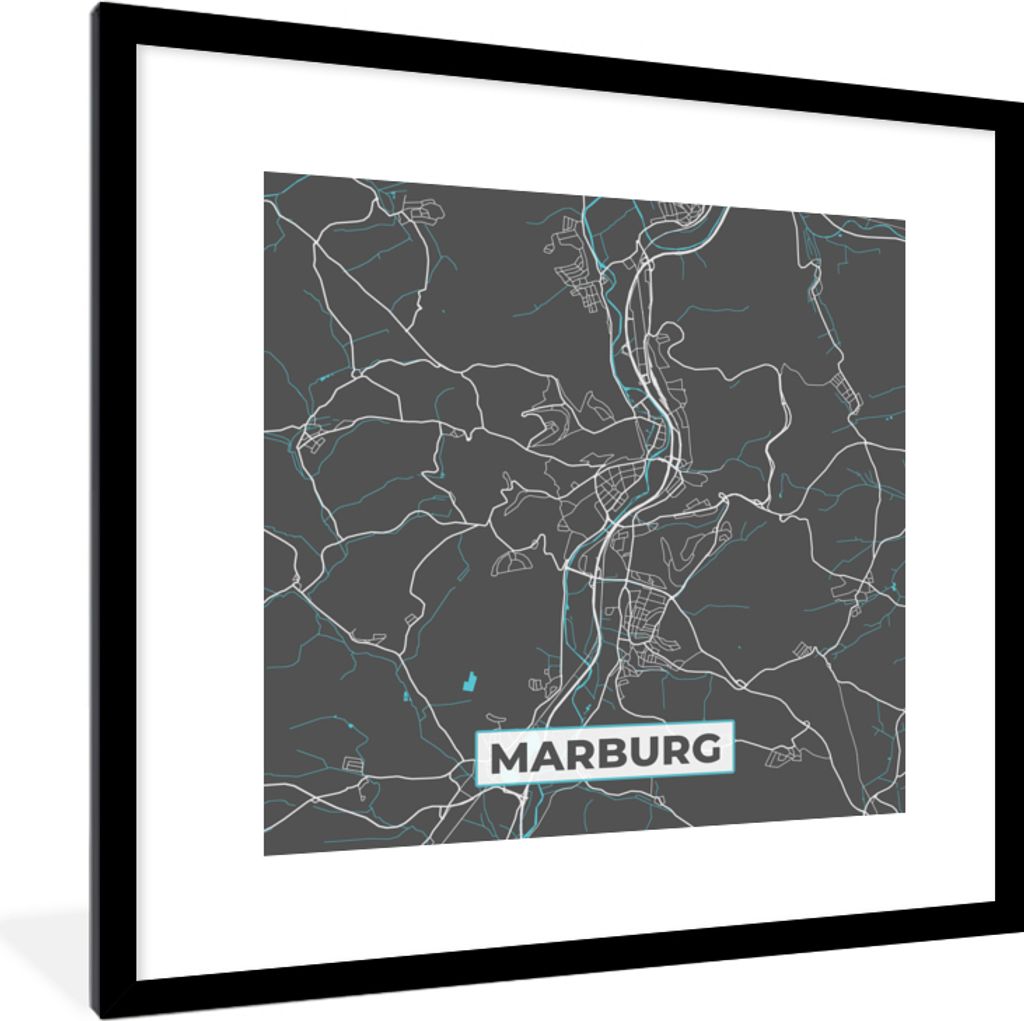 MuchoWow Gerahmtes Poster Stadtplan - Karte - Marburg - Blau - Deutschland - Karte 40x40 cm - Poster mit Schwarzem Bilderrahmen Wandposter Rahmen...