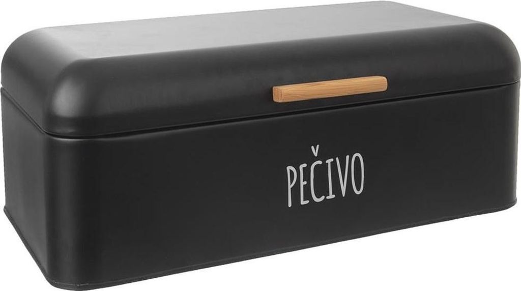 A black bread bin with a wooden handle and the word 'PEČIVO' printed on it.