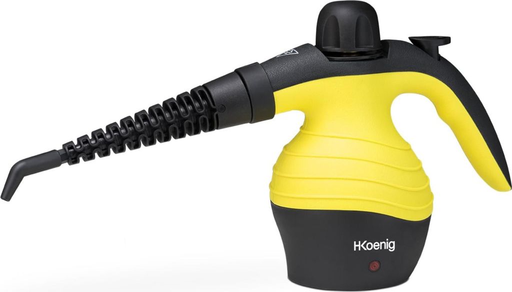A handheld steam cleaner is shown against a white background.