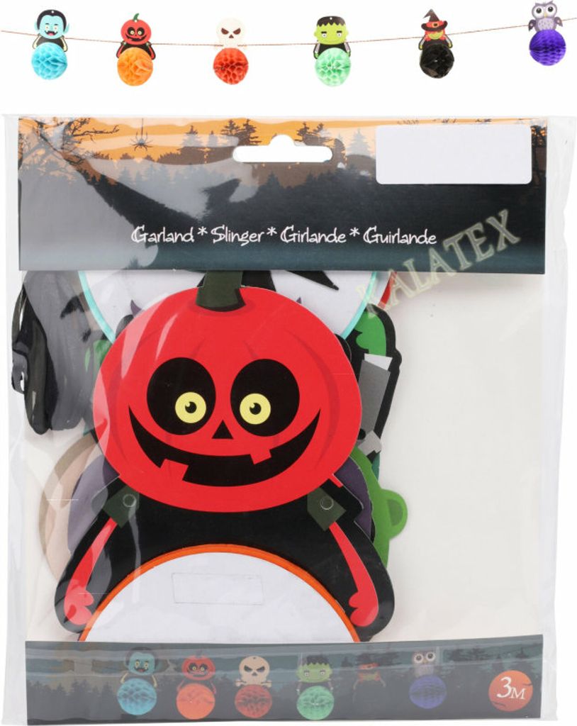 Girlande Halloween Monster 3 m bunt, 6 Motive (Vampir, Kürbis, Totenschädel, Monster, Hexe und Eule)