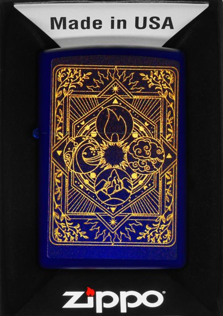 A Zippo lighter with an elemental design is presented in its packaging.