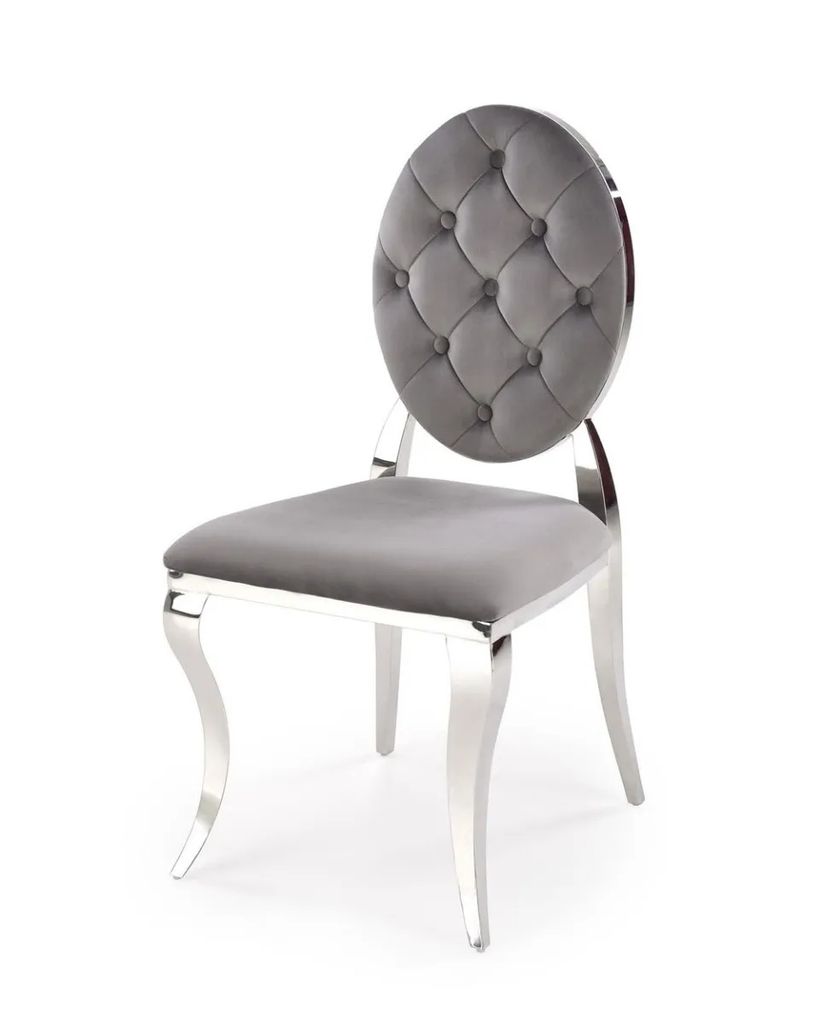 A single gray velvet chair with a silver frame is shown against a white background.