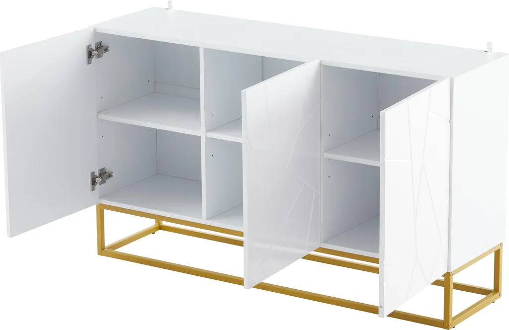 Buffet Blanc Haute Brillance 130 cm - Aspect Cannelé et Structure Métal - 7