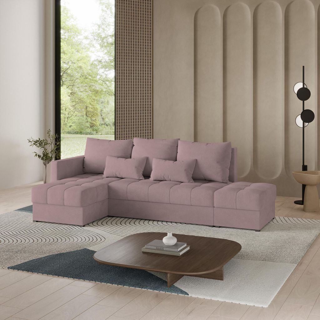 Masseno Ecksofa LUMARI L-S mit Schlaffunktion L-Form, Sofa mit Bettkasten, Wohnzimmersofa, Couch, Soffa, Bettsofa, Couchgarnitur- Rosa, KRONOS 27