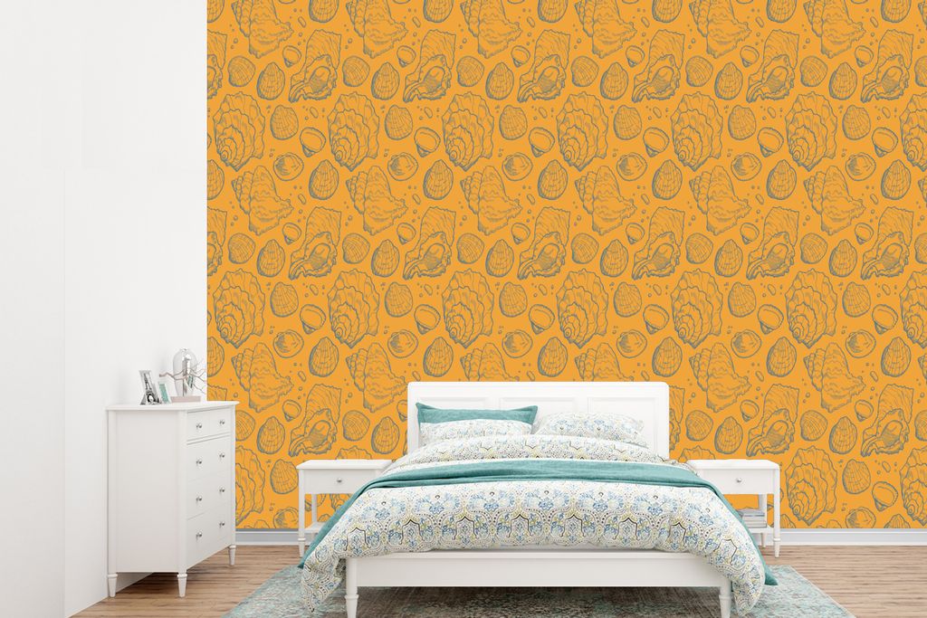 MuchoWow Fototapete für Wohnzimmer oder Schlafzimmer Wandtapete Vinyl Motivtapete Muscheln - Gelb - Orange - Muster - 330x240 cm - Vinyltapete