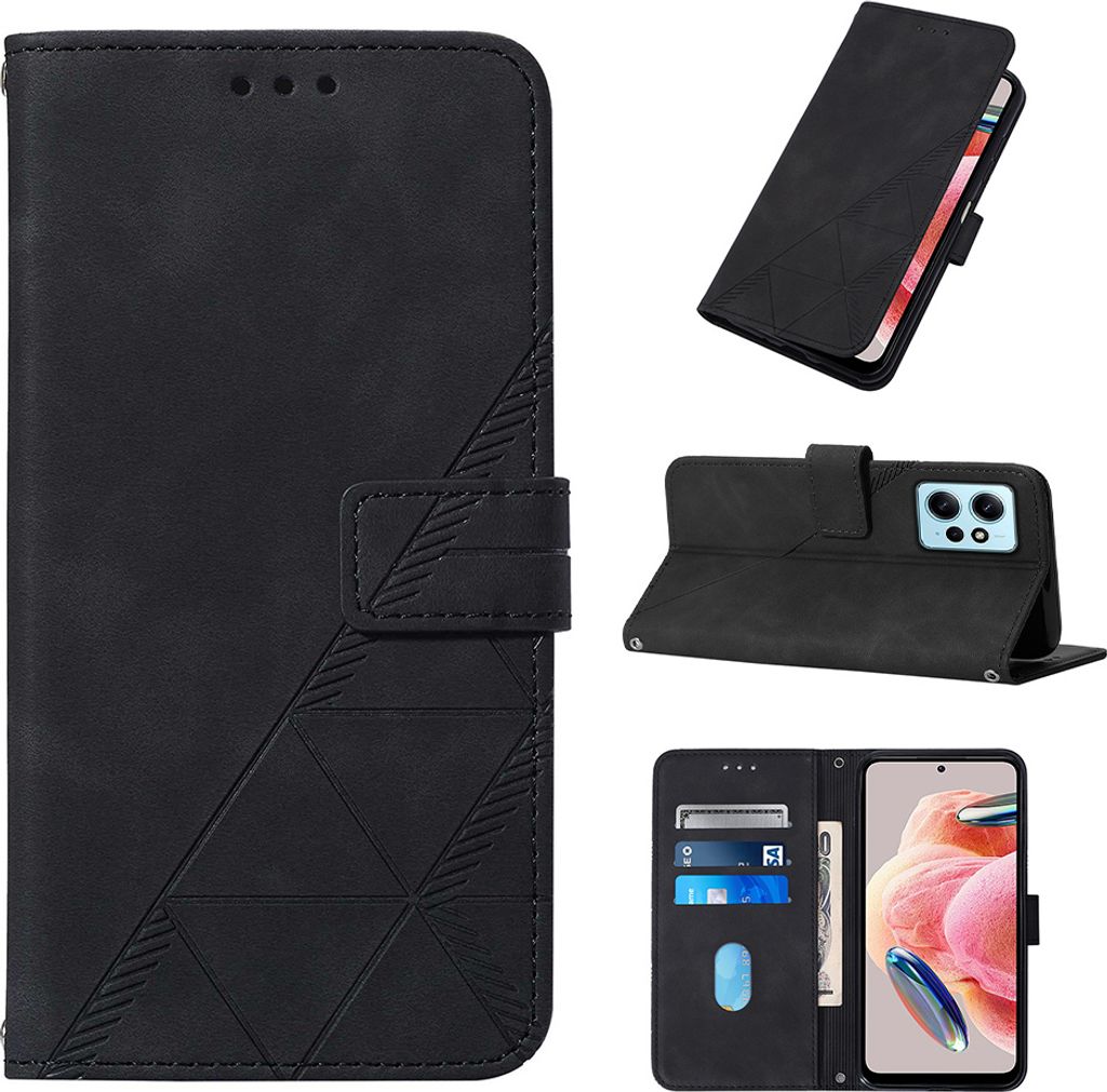 Hülle für Xiaomi Redmi Note 12 4G Prägung Flip Leder Kartenfächer Schutzhülle mit Ständer Schwarz