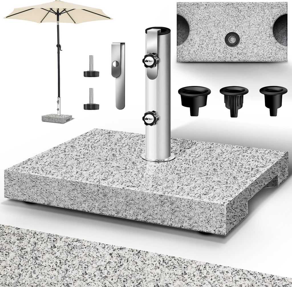 tillvex Granit Sonnenschirmständer mit Transportgriff Grau - 27 kg Rechteckig | Schirmständer Sonnenschirm mit Edelstahlrohr | Balkonschirmstä...