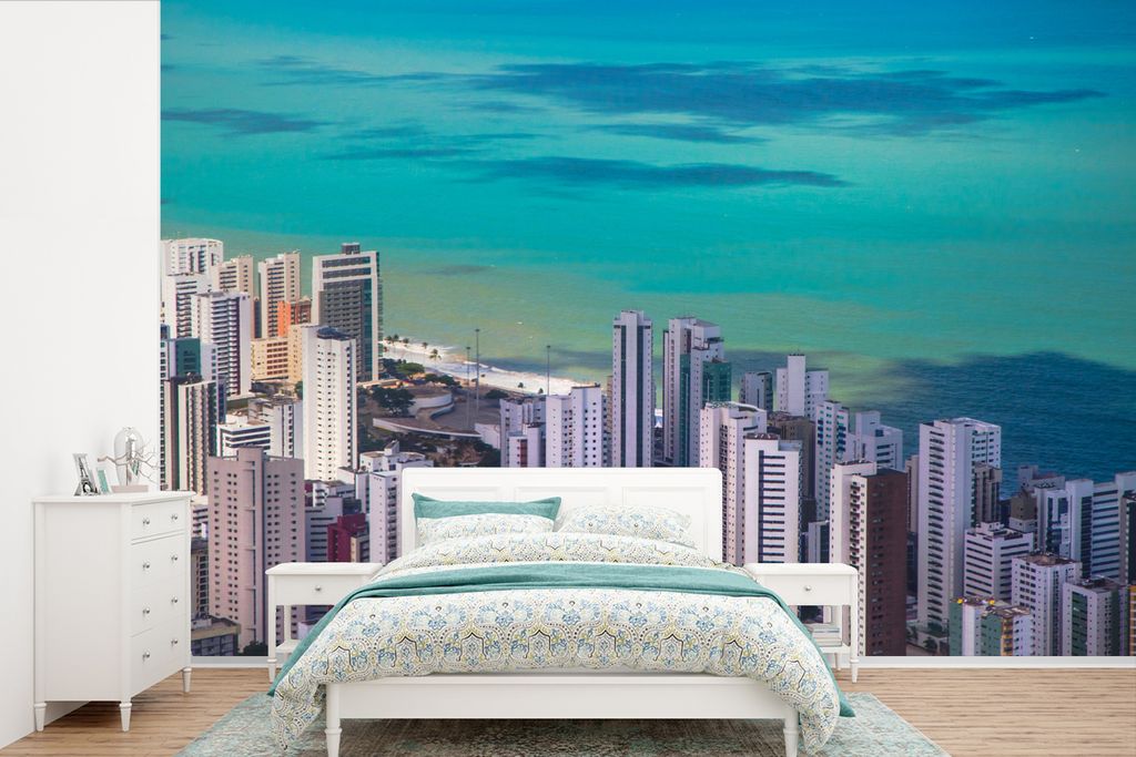 MuchoWow Fototapete für Wohnzimmer oder Schlafzimmer Wandtapete Vinyl Motivtapete Skyline der Hochhäuser an der Uferpromenade in Recife Brasili...