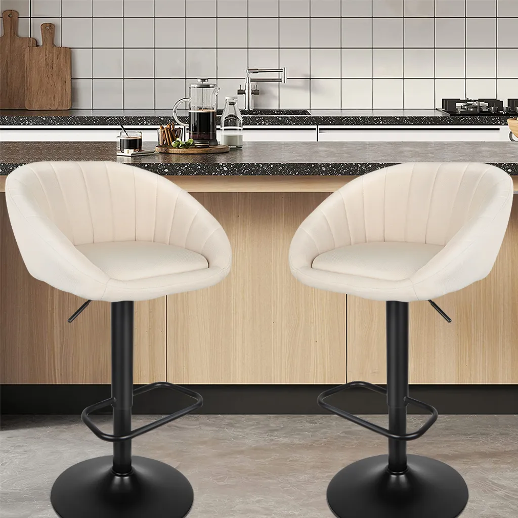 Tabouret de Cuisine Pivotant avec Dossier en Lin Crème - Lot de 2