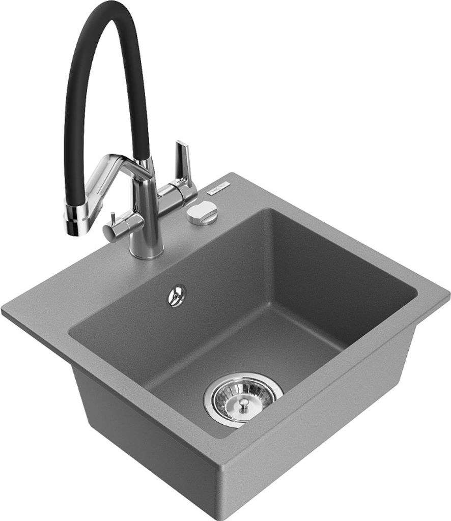 Mexen Milo 1-Becken-Granitspüle mit Mischbatterie Duo, Grau - 6505-71-671701-07