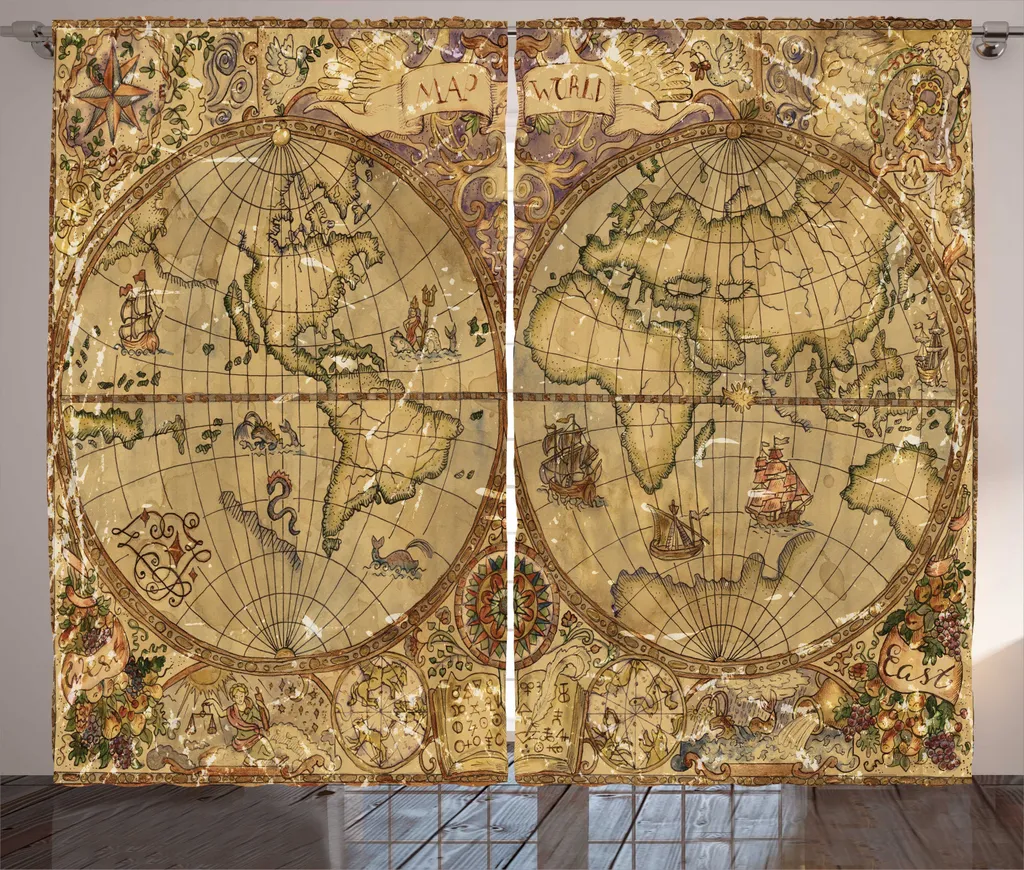Rideau Carte du Monde Beige et Caramel en Tissu Rustique de Haute Qualité