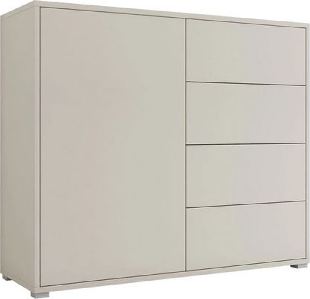 A light gray sideboard with one door on the left and four drawers on the right, shown from a three-quarter angle.