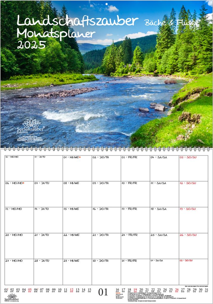Landschaftszauber Bäche und Flüsse Planer DIN A2 Kalender für 2025 Bach Fluß Baum Bäume Wald Natur - Seelenzauber