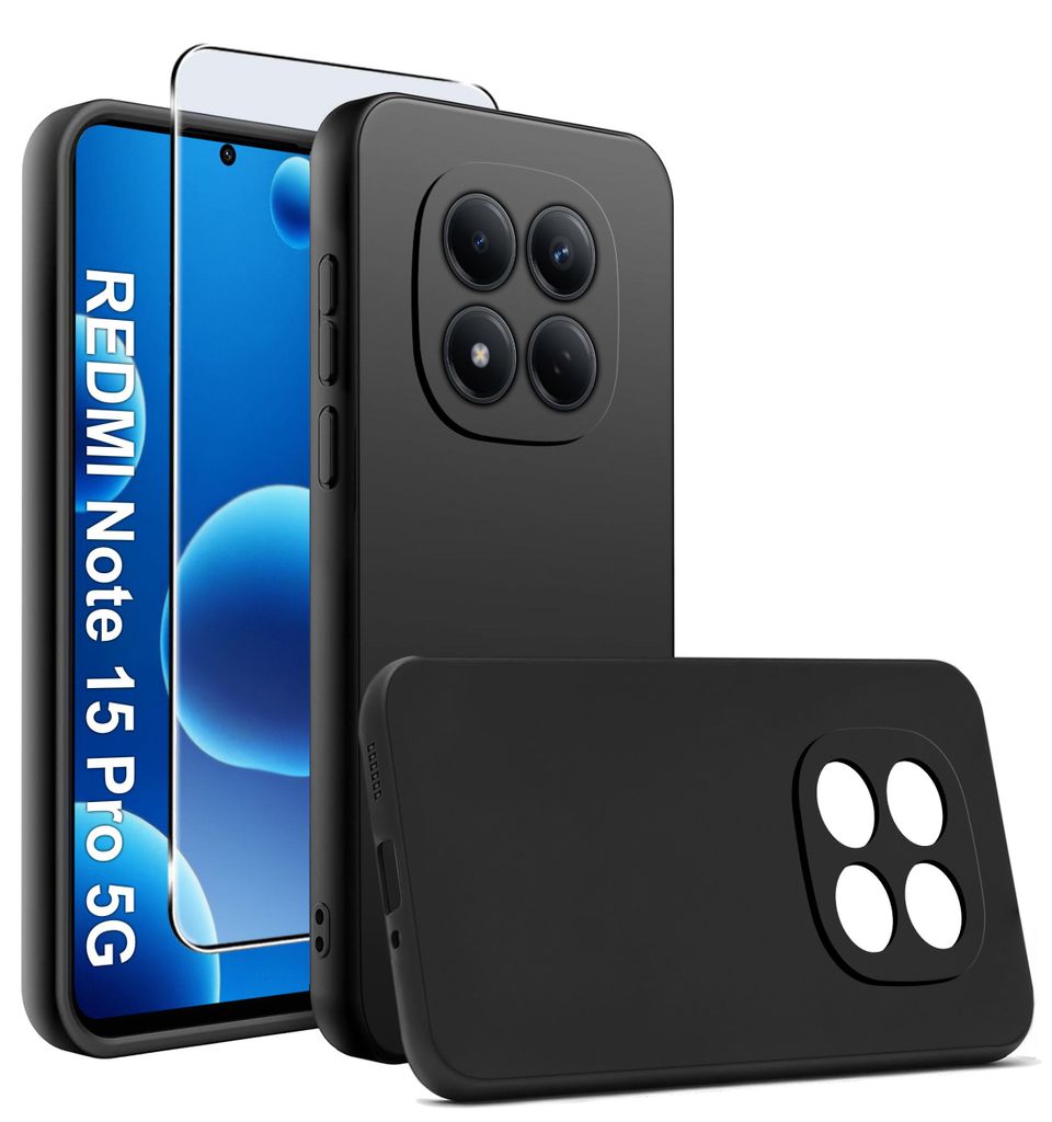 Schwarzes mattes Silikon-Slim-Etui für Xiaomi Redmi Note 15 Pro 5G + GLAS 9H